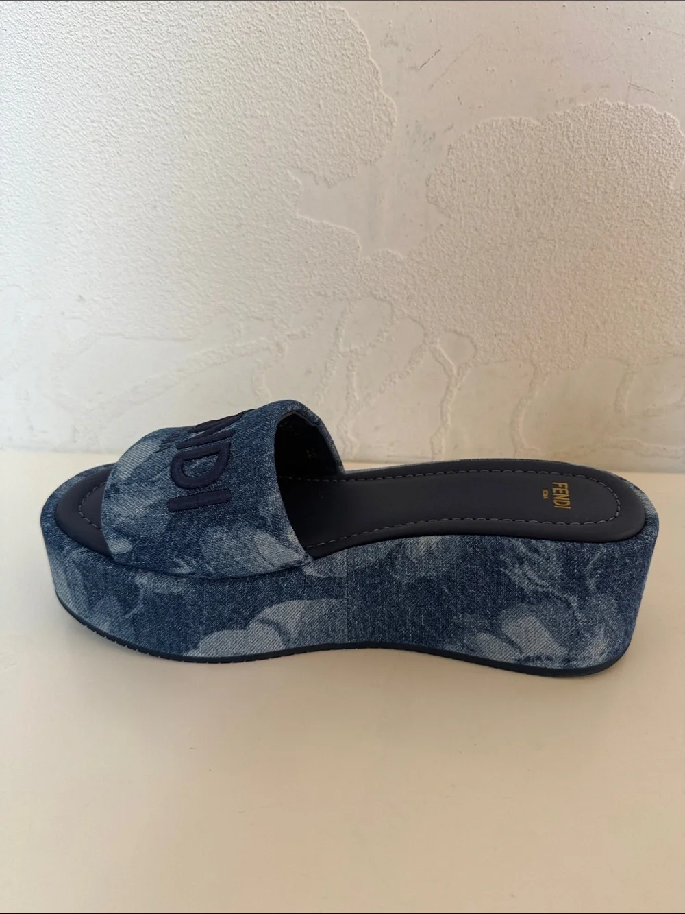 Fendi Sunshine Blue Denim Embroidered Platform Slides NWT Size 38